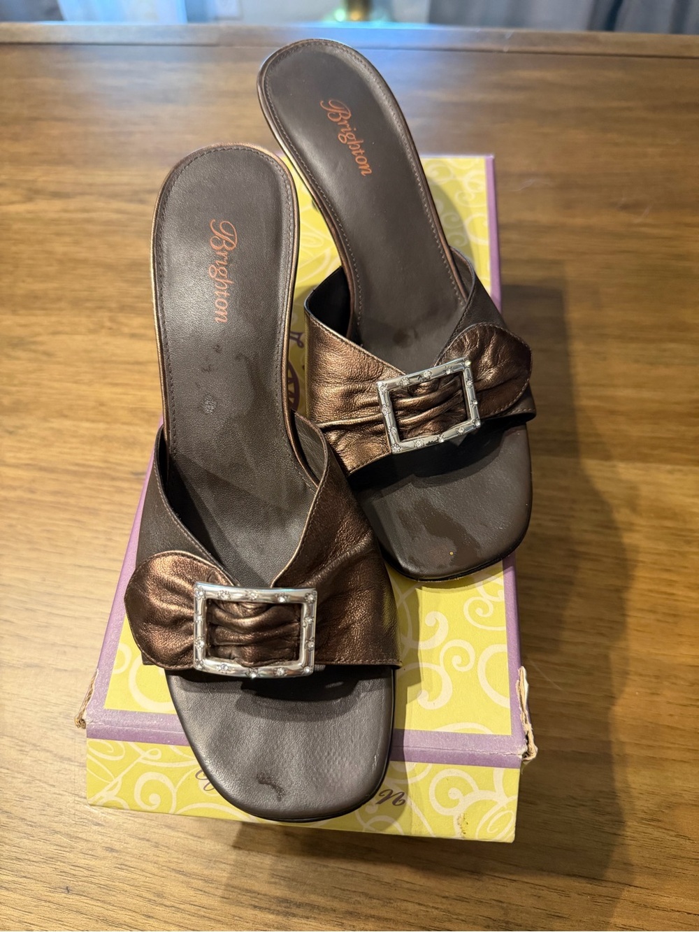 Brighton Metallic Bronze Buckle Slide Mules